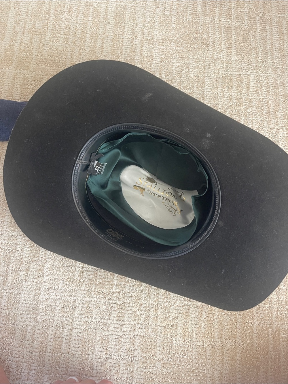Stetson Black wool Cowboy Hat with Green Satin Liner 57 7 1/8